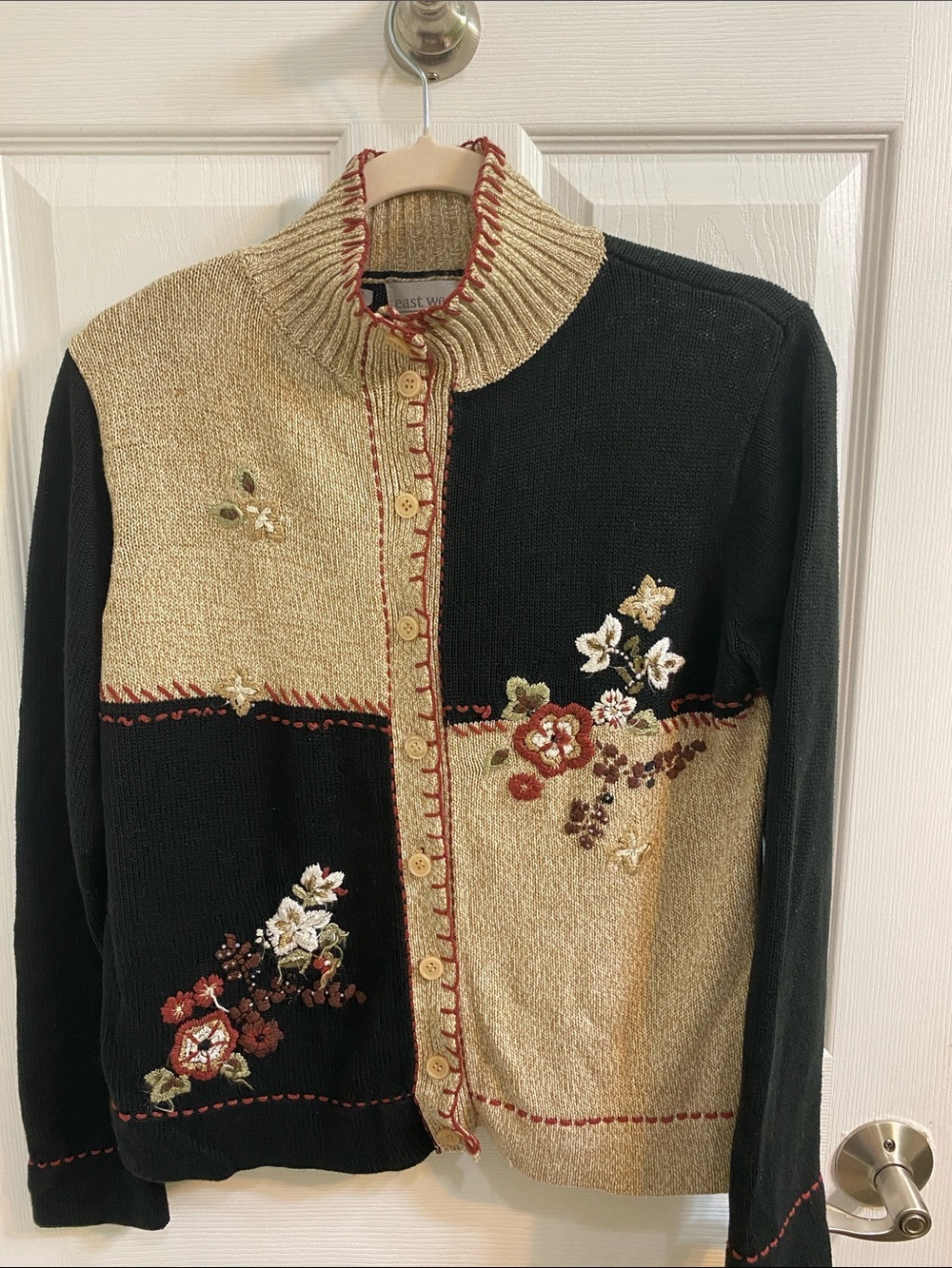 East West Vintage Fall Floral Embroidered Cardigan Tan Black Womens Medium Korea